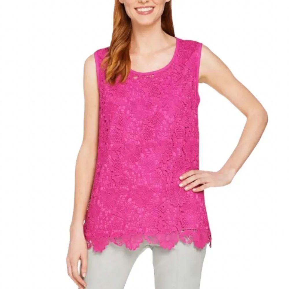 Isaac Mizrahi Live! Scallop Hem Floral Lace Tank Top